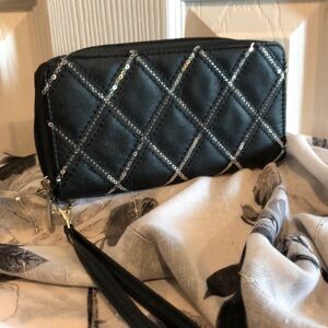 Wallet wristlet with silver sequin accents